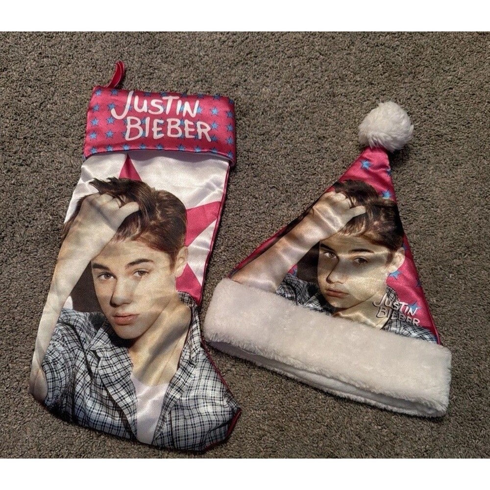 Pink Satiny Justin Bieber Christmas Stocking & Hat Stars Official Product 2013